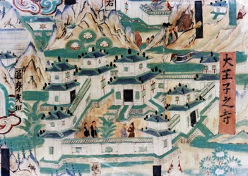 Detail of the Wutai Mountain Map, a Mural Painting Done During the Five Dynasties (907 - 960) in the Dunhuang Grottoes, Depicting a Monastery